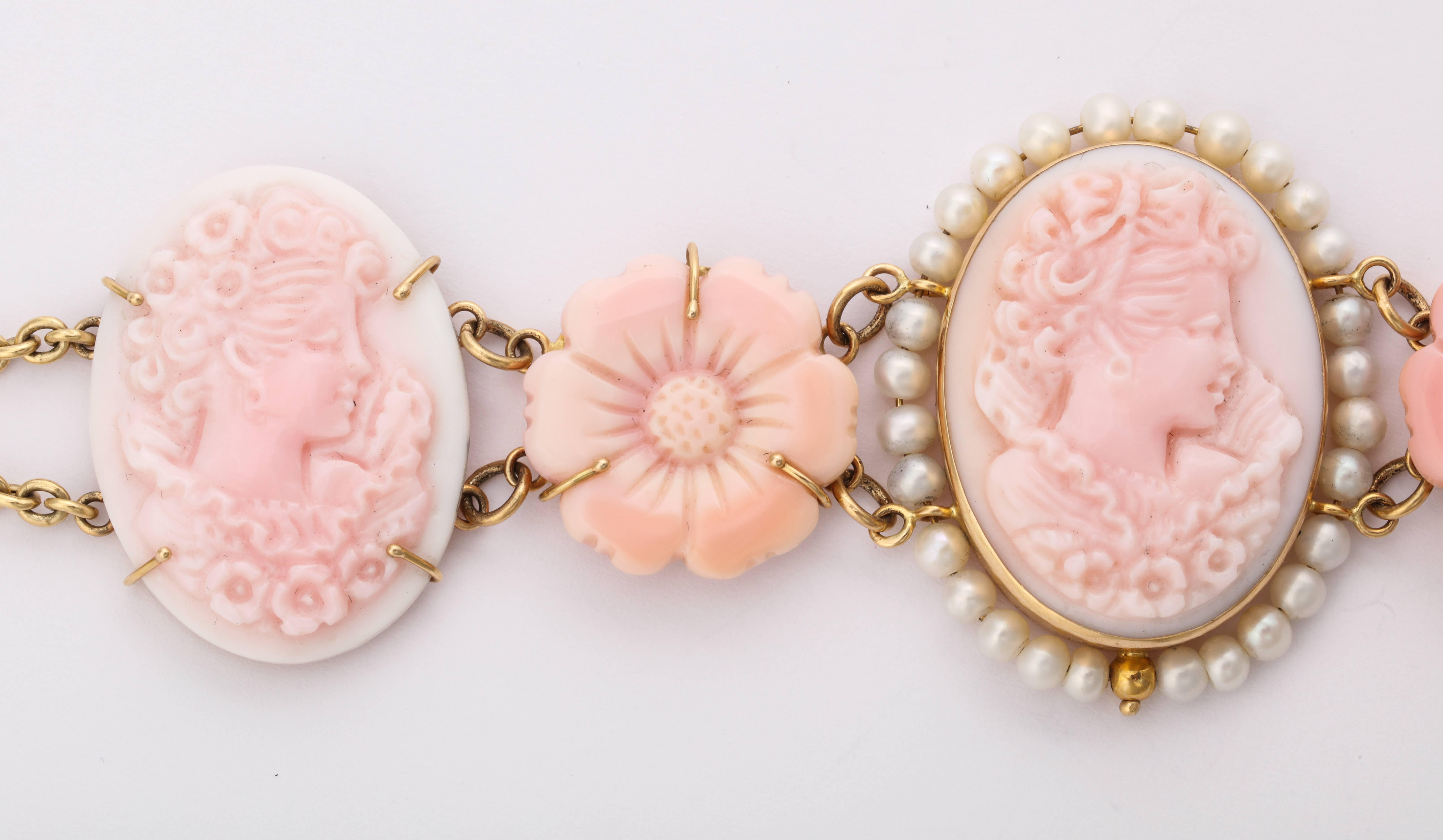 Hand carved pink shell cameos, set in 14kt gold bracelet with fresh water pearls.