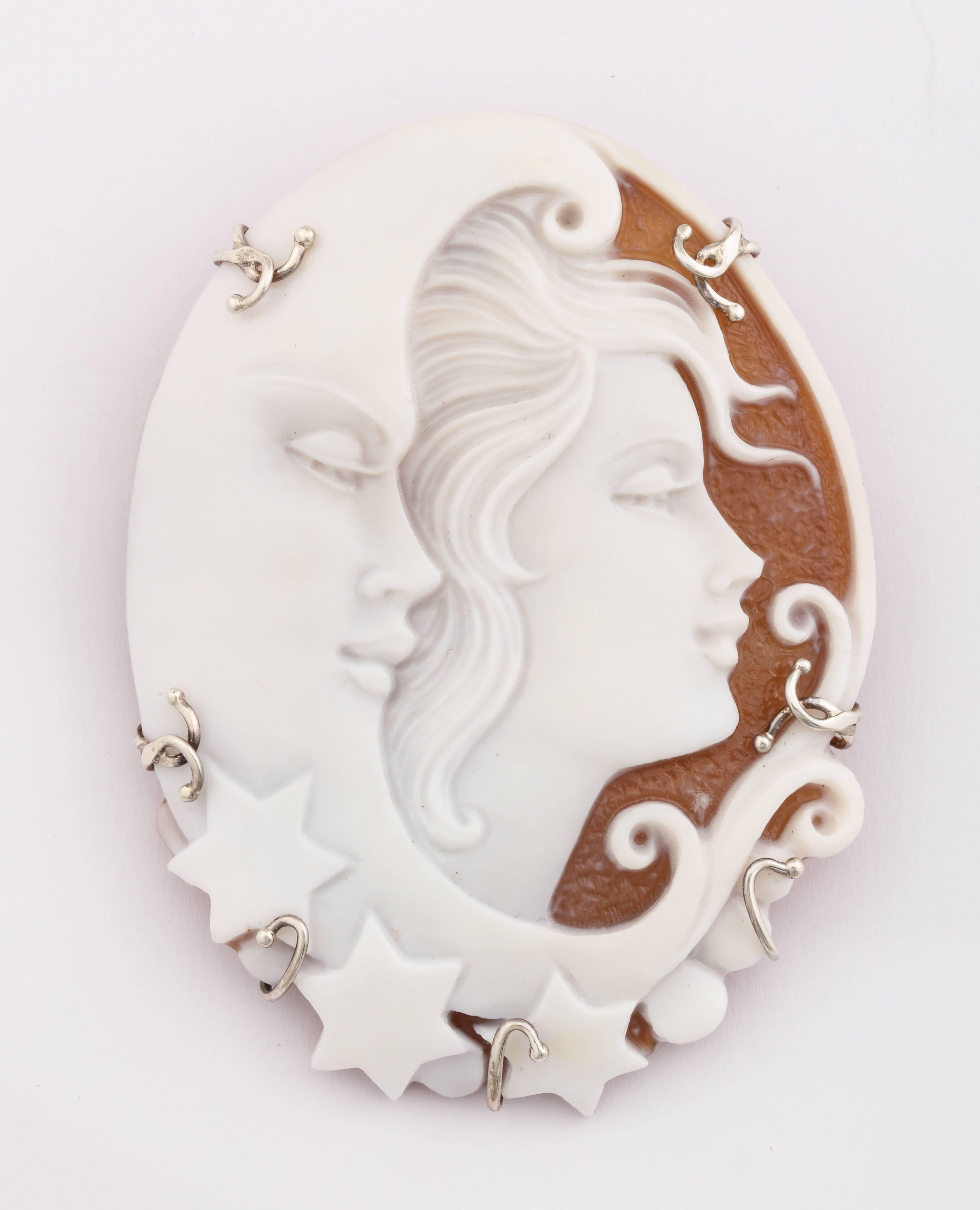 60mm Sardonyx shell cameo hand-carved  and sterling silver brooch/pendant.