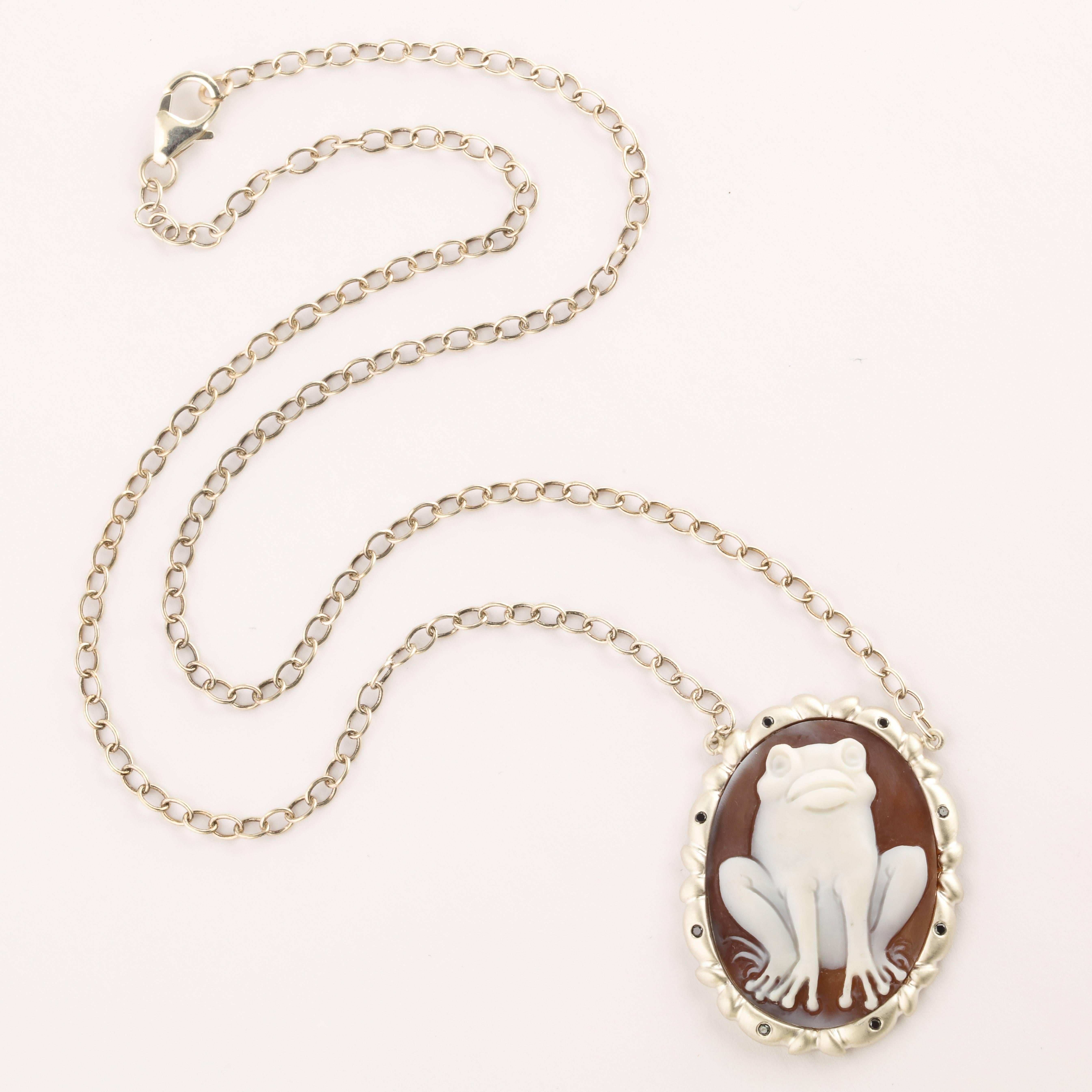 30mm sardonyx shell cameo hand-carved, set in sterling silver with black diamonds.