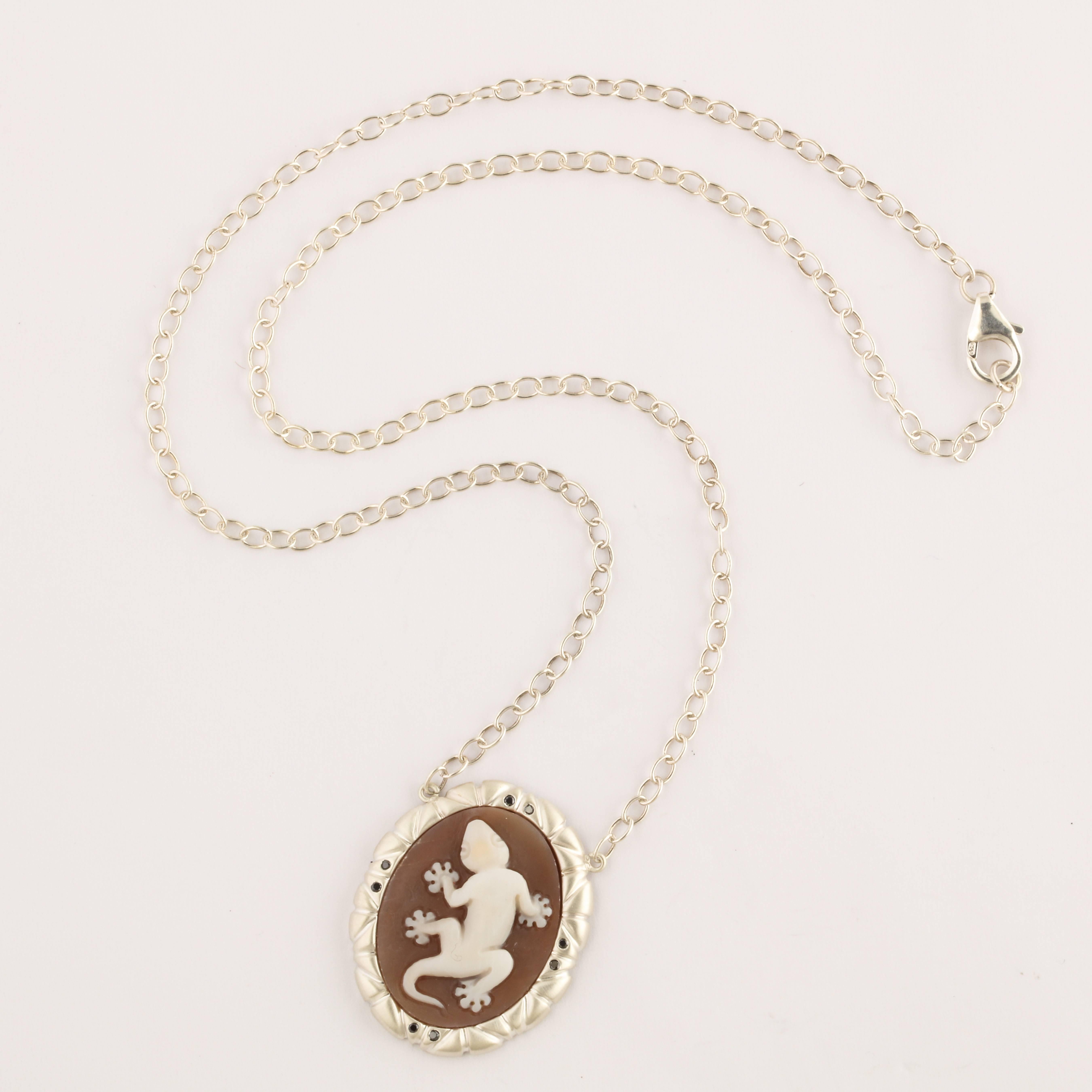 25mm sardonyx cameo hand-carved, set in sterling silver with black diamonds.