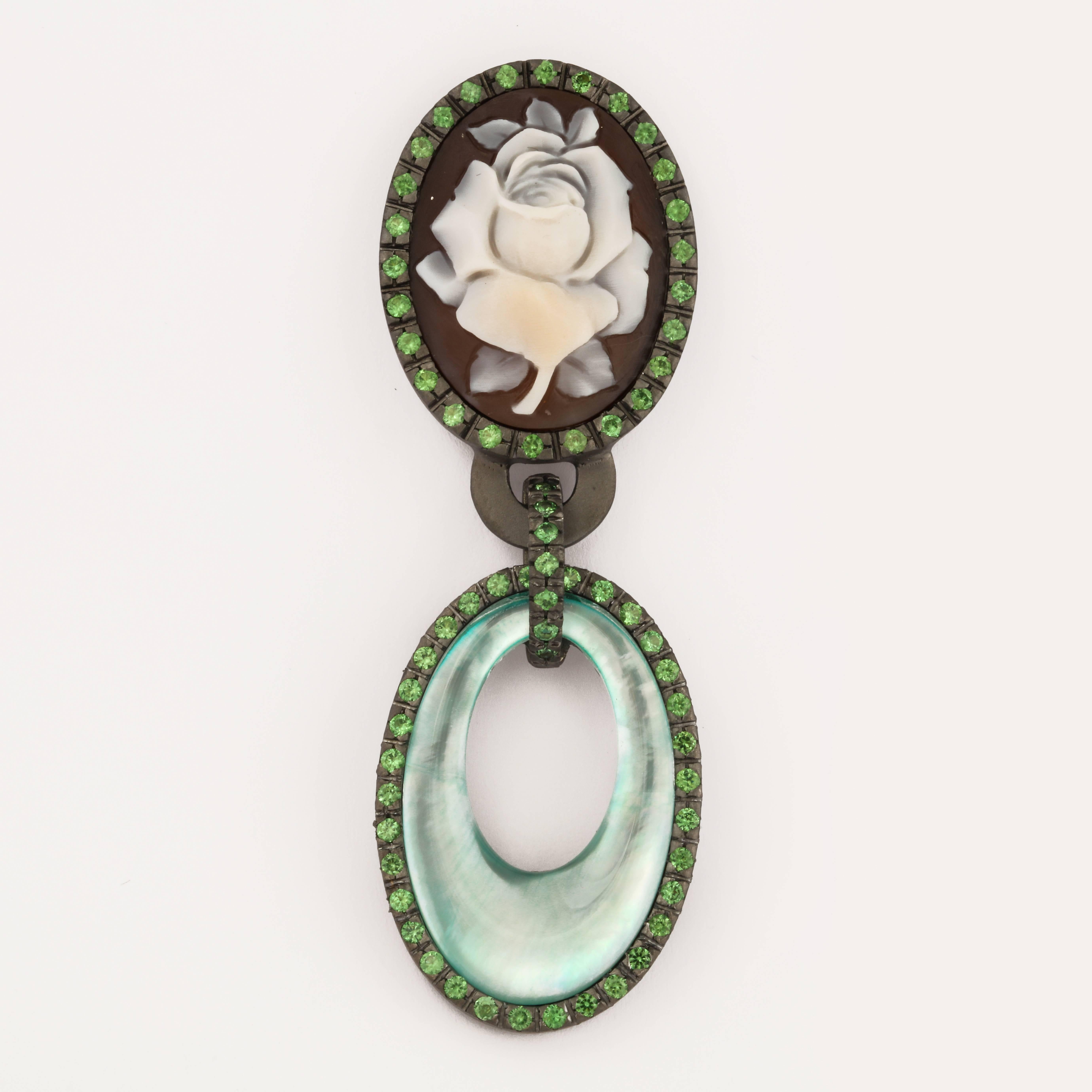 25mm sardonyx cameos hand-carved, set in sterling silver black rhodium plated, with green quartz and tsavorites.