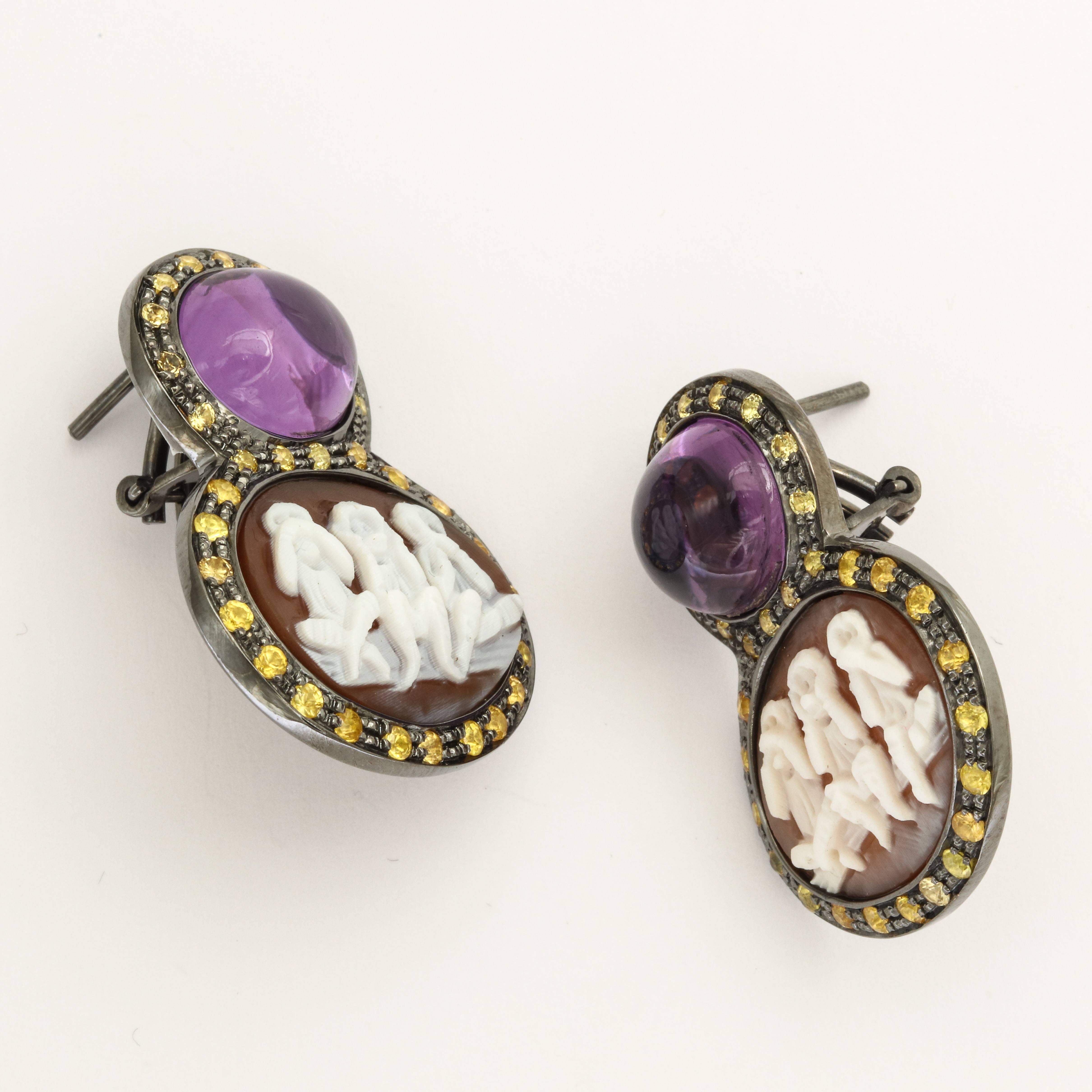 20mm sardonyx shell cameo hand-carved, set in sterling silver, black rhodium plated with 12.15ct amethyst and yellow sapphires.