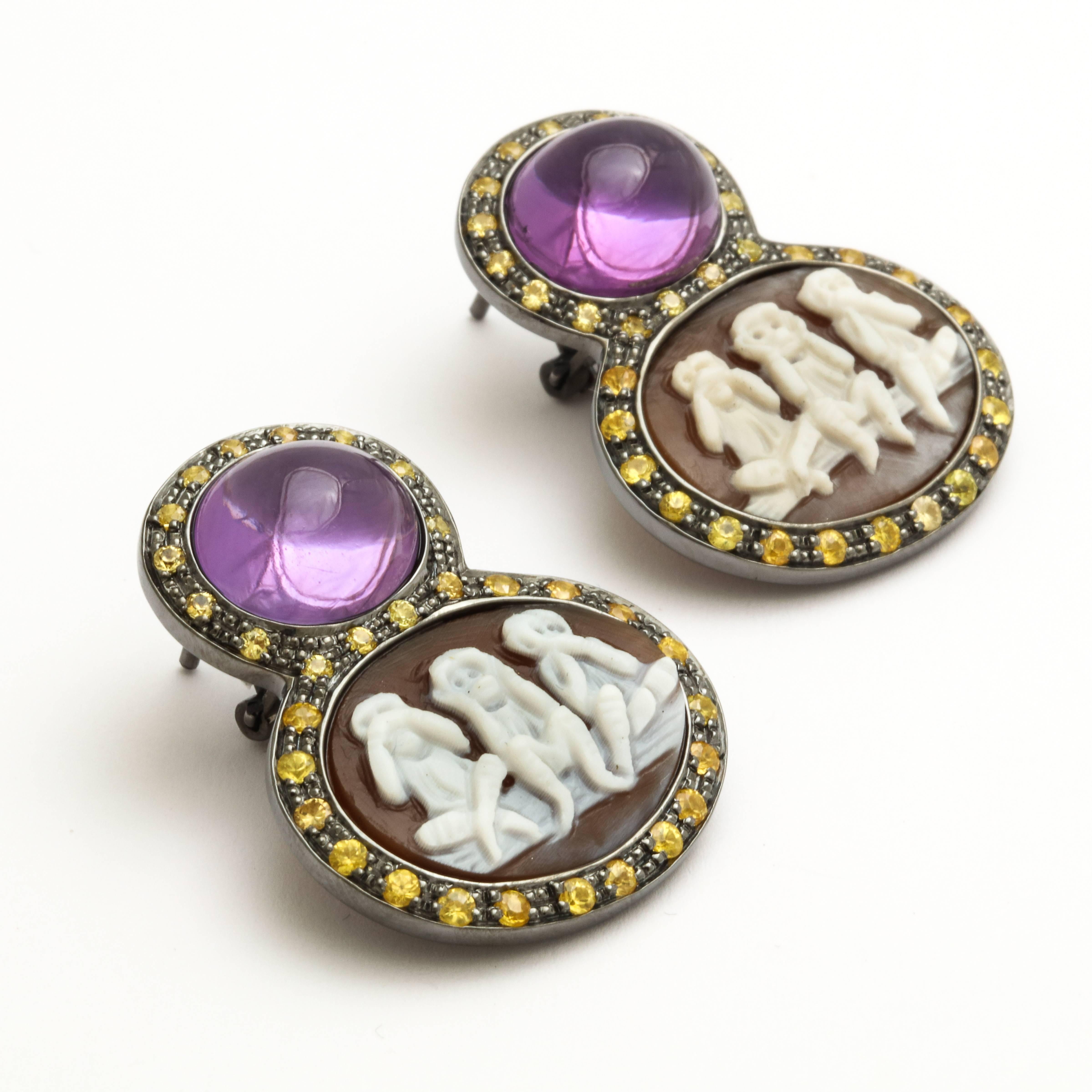 Modern Amedeo Scimmiette Sardonyx Shell Cameo Couture Earrings For Sale