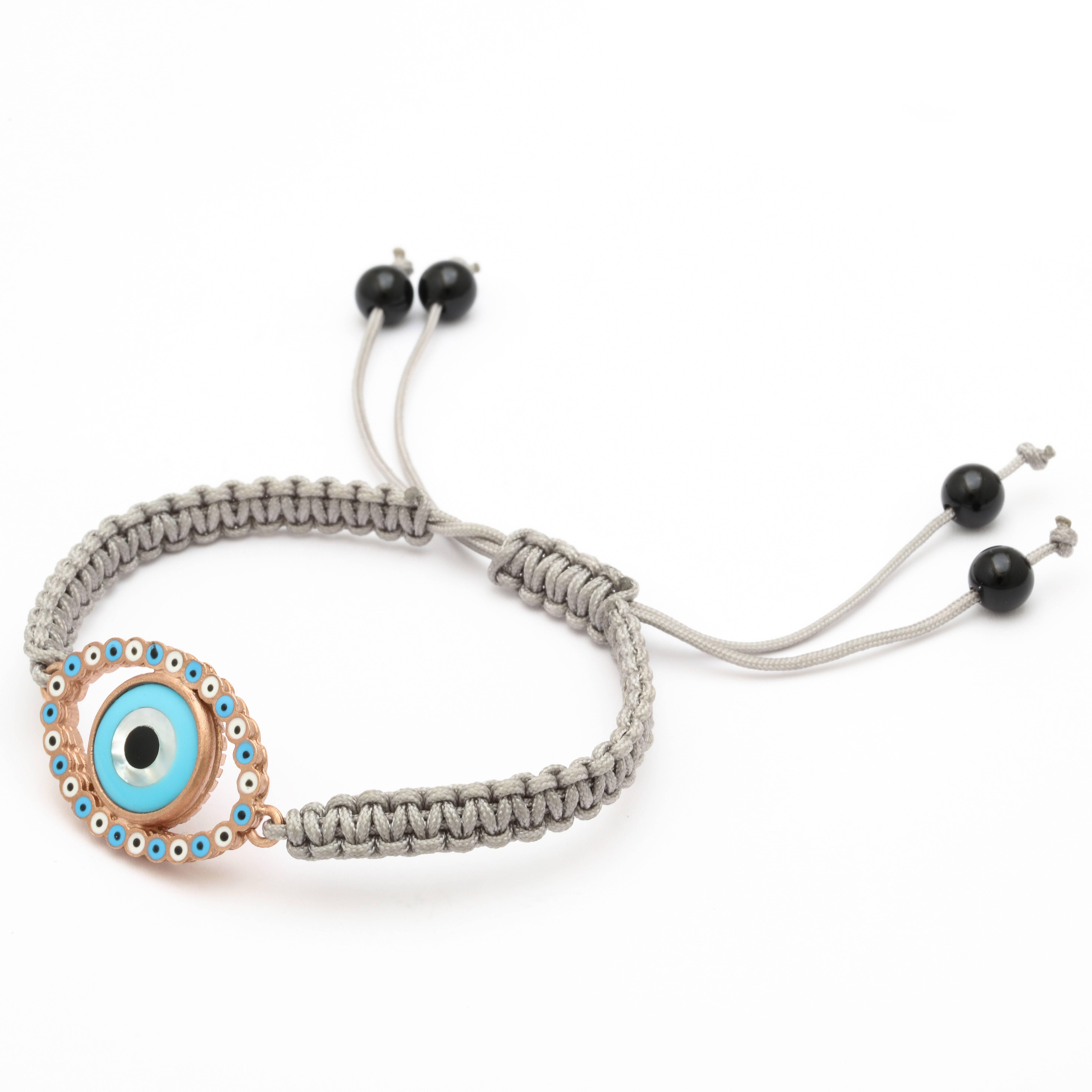Amedeo Evil Eye Macrame mother of pearl Sterling silver Rhodium Plated Bracelet In New Condition For Sale In New York, NY