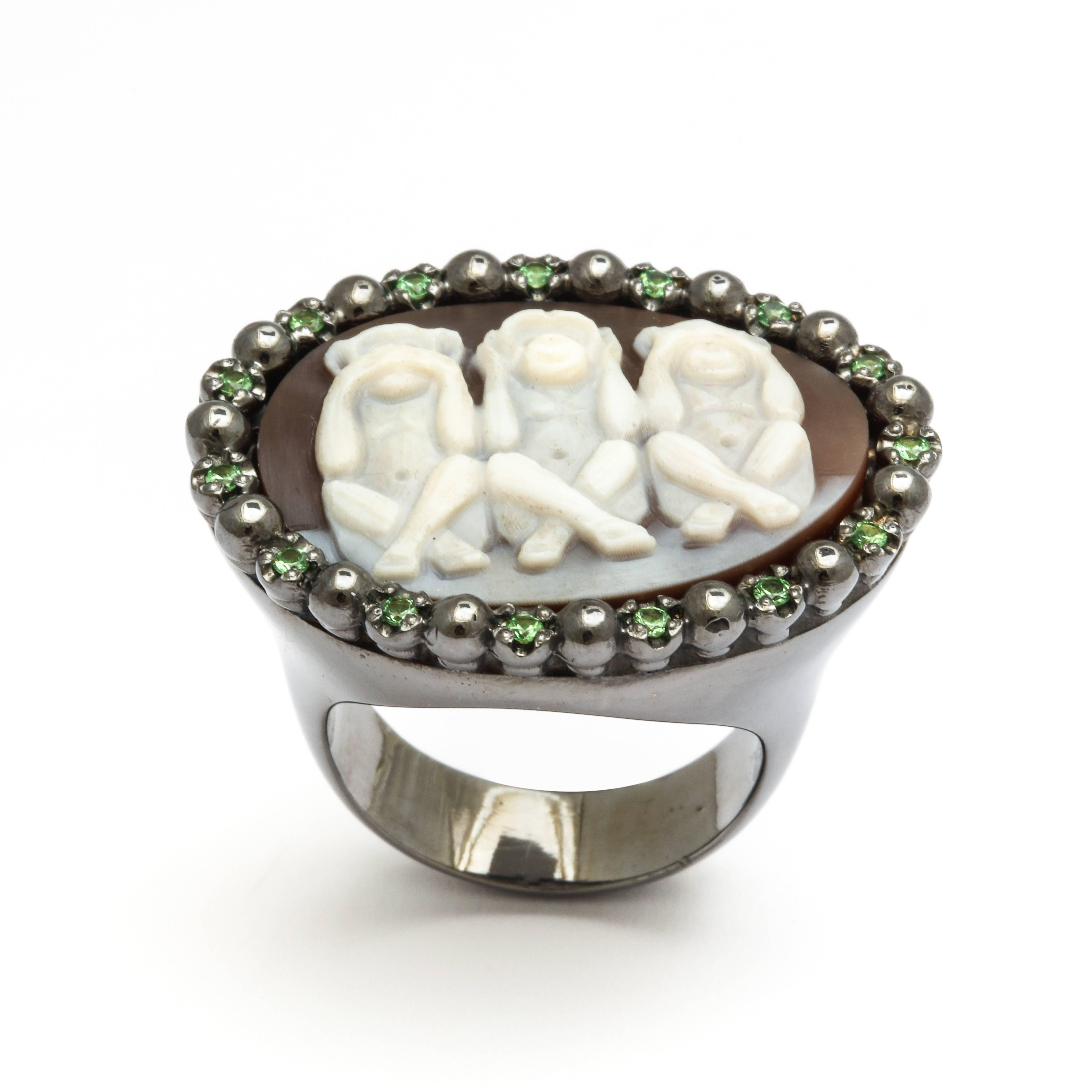Women's or Men's Amedeo Three Mystic Apes Cameo Ring with Tsavorites For Sale