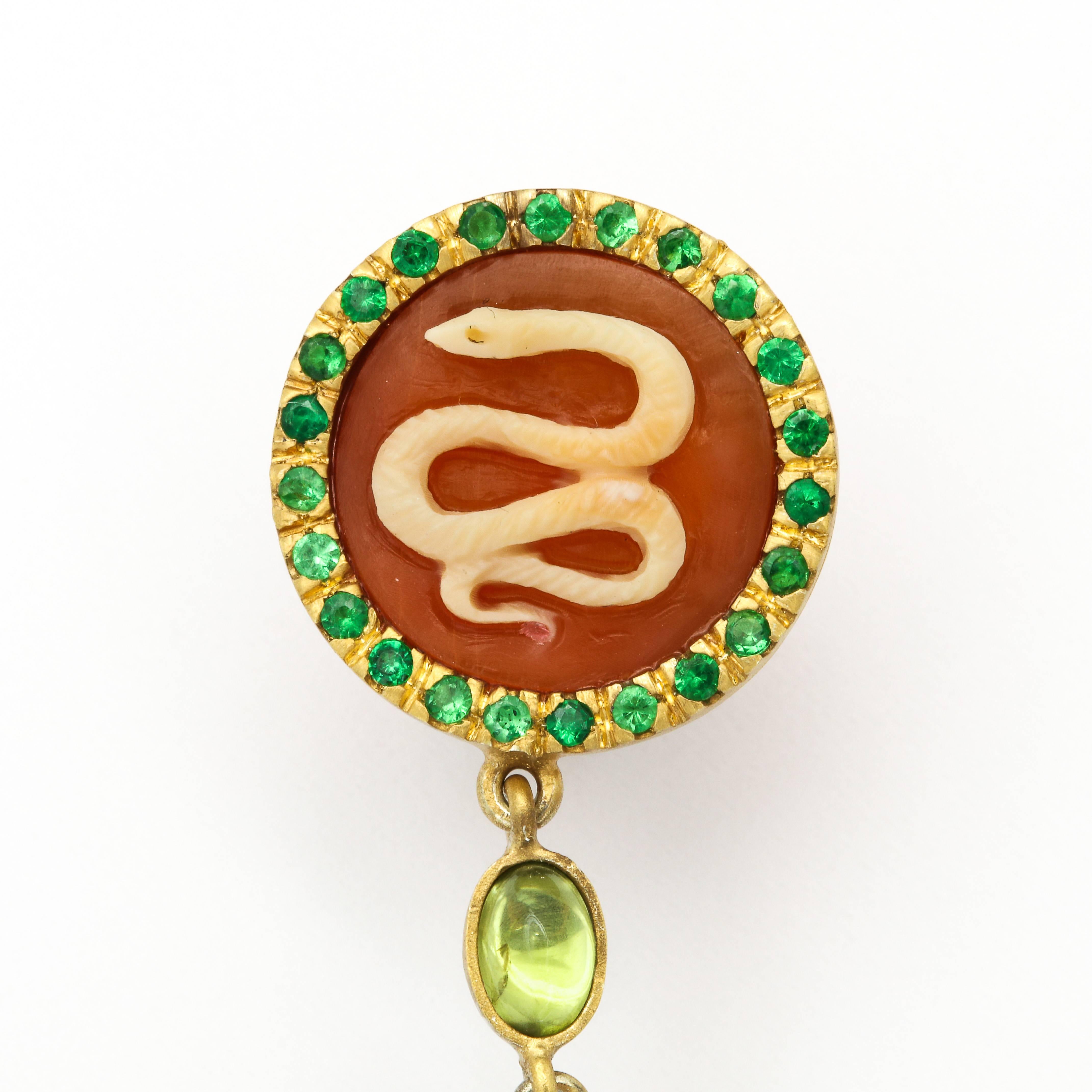 Amedeo Goccia Carnelian Cameo Peridot Tsavorite Couture Earrings In New Condition For Sale In New York, NY