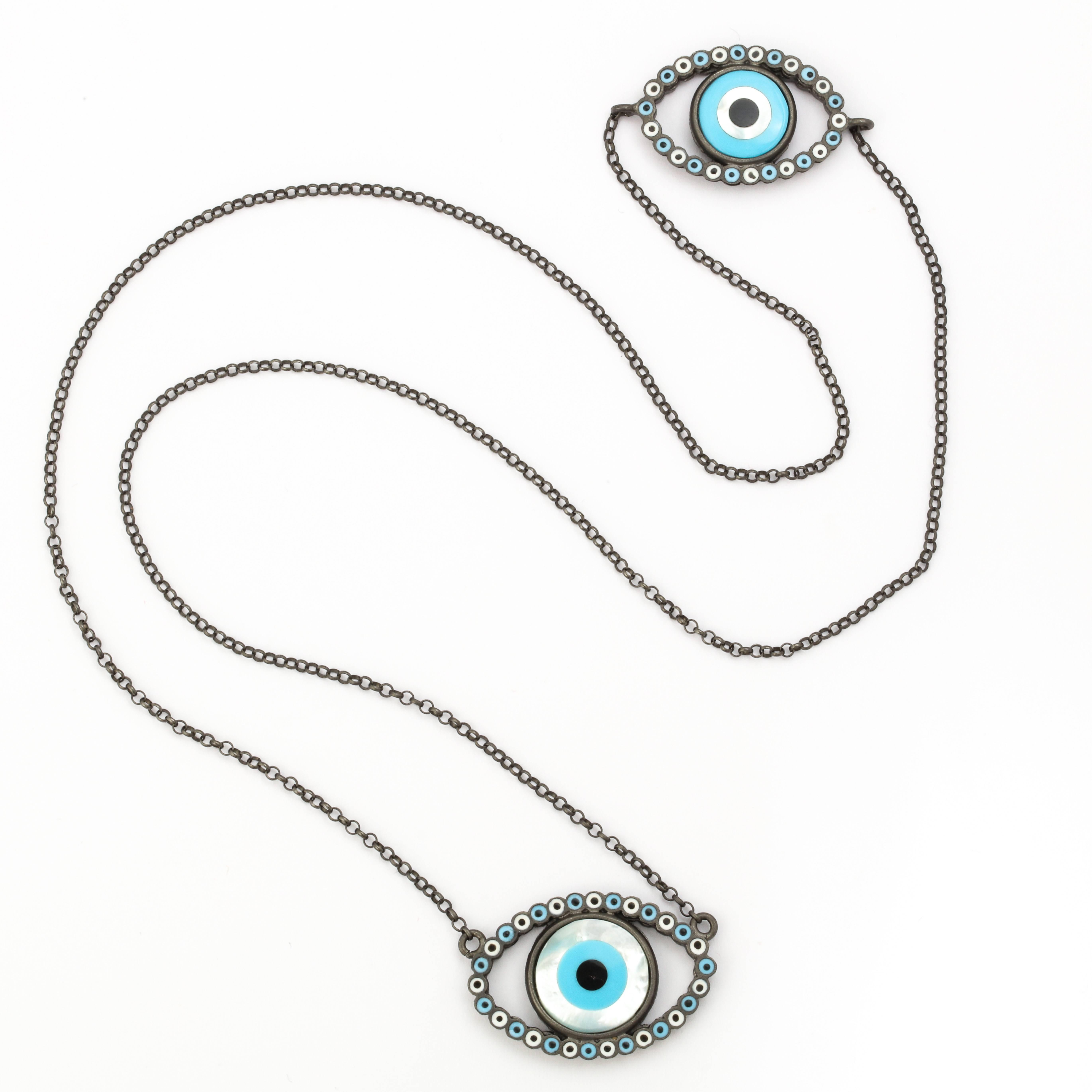 Modern Amedeo Mother-of-Pearl Rhodium Plated Sterling Silver Evil Eye Necklace For Sale
