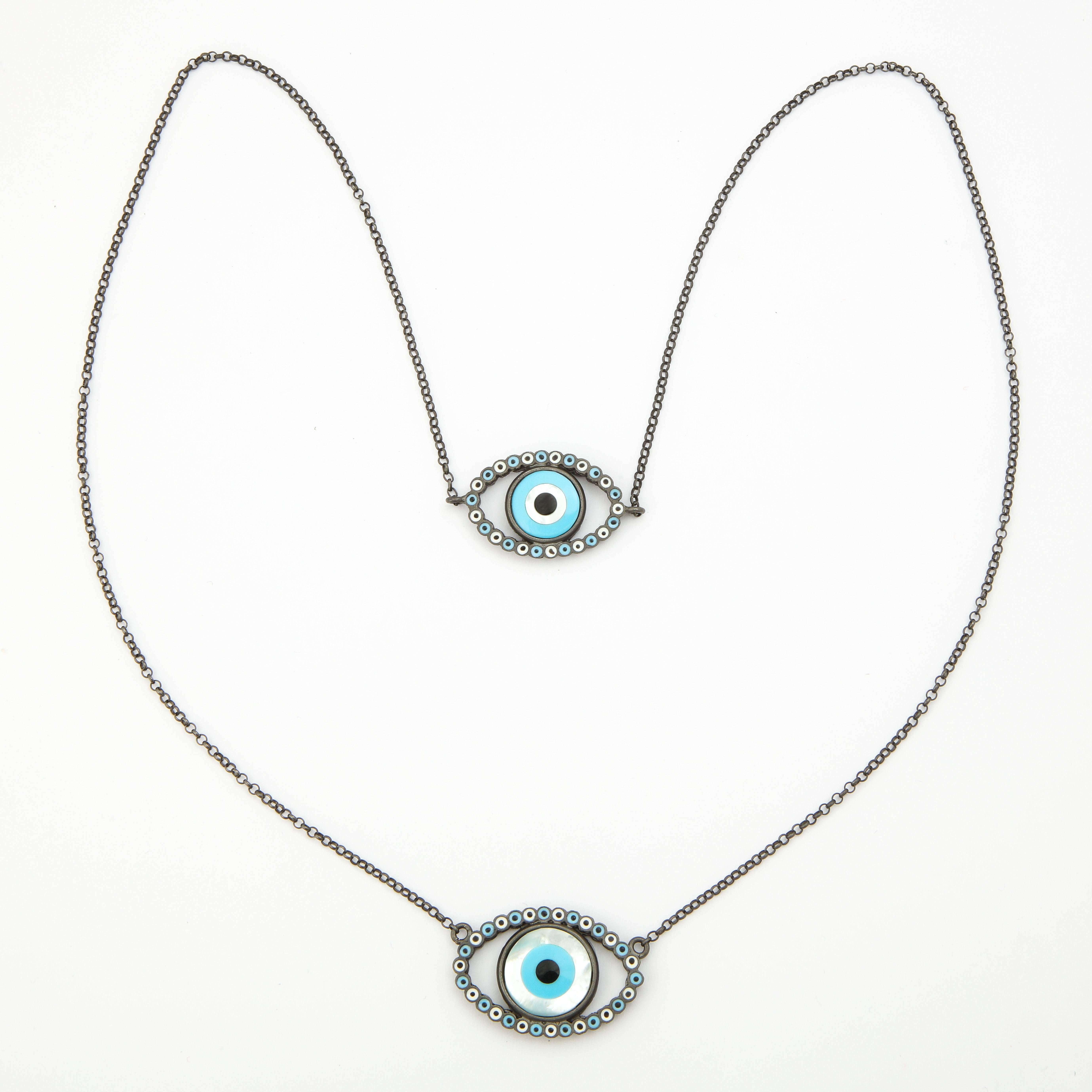 Men's Amedeo Mother-of-Pearl Rhodium Plated Sterling Silver Evil Eye Necklace For Sale