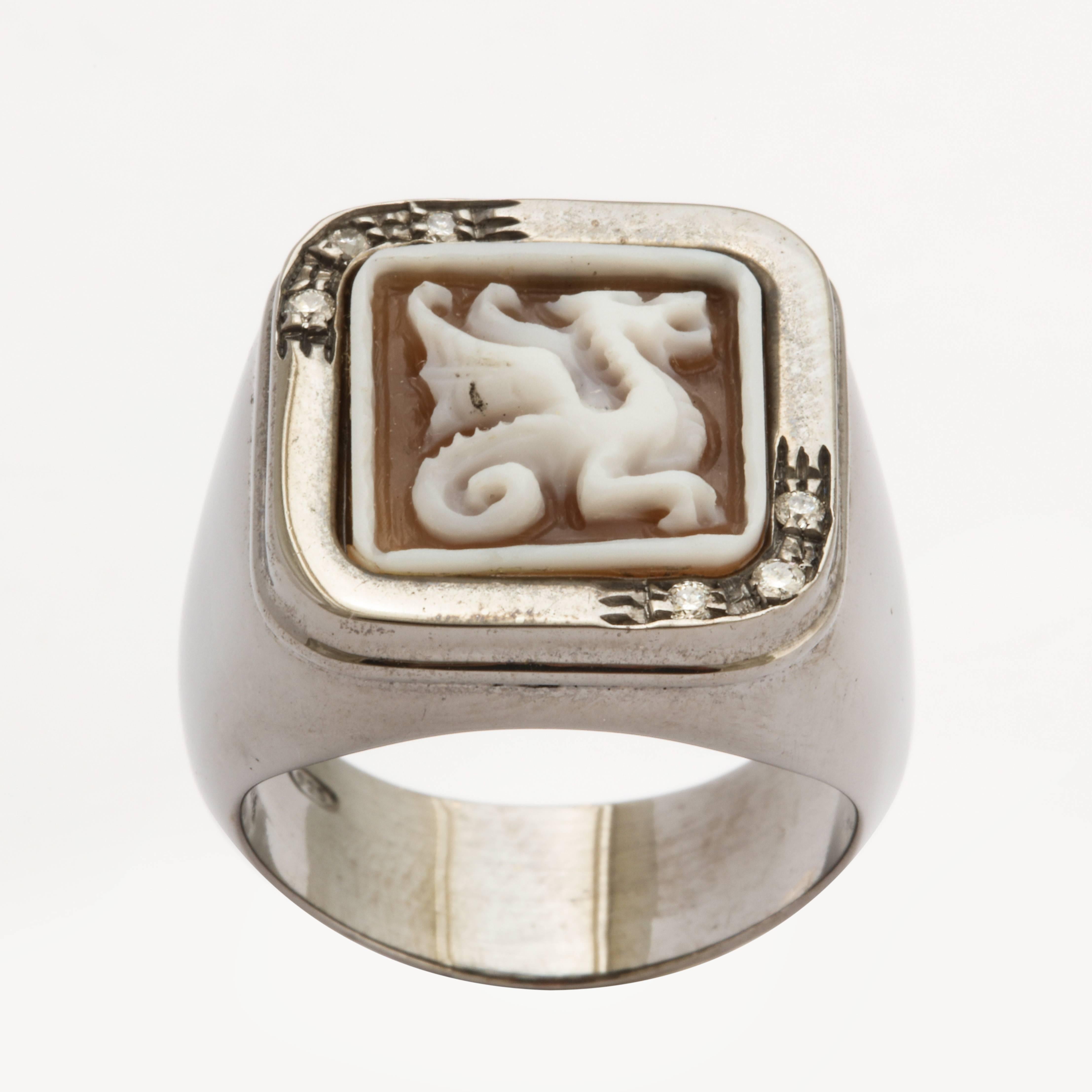 Modern Amedeo Mini Dragon Cameo White Diamonds Ring For Sale