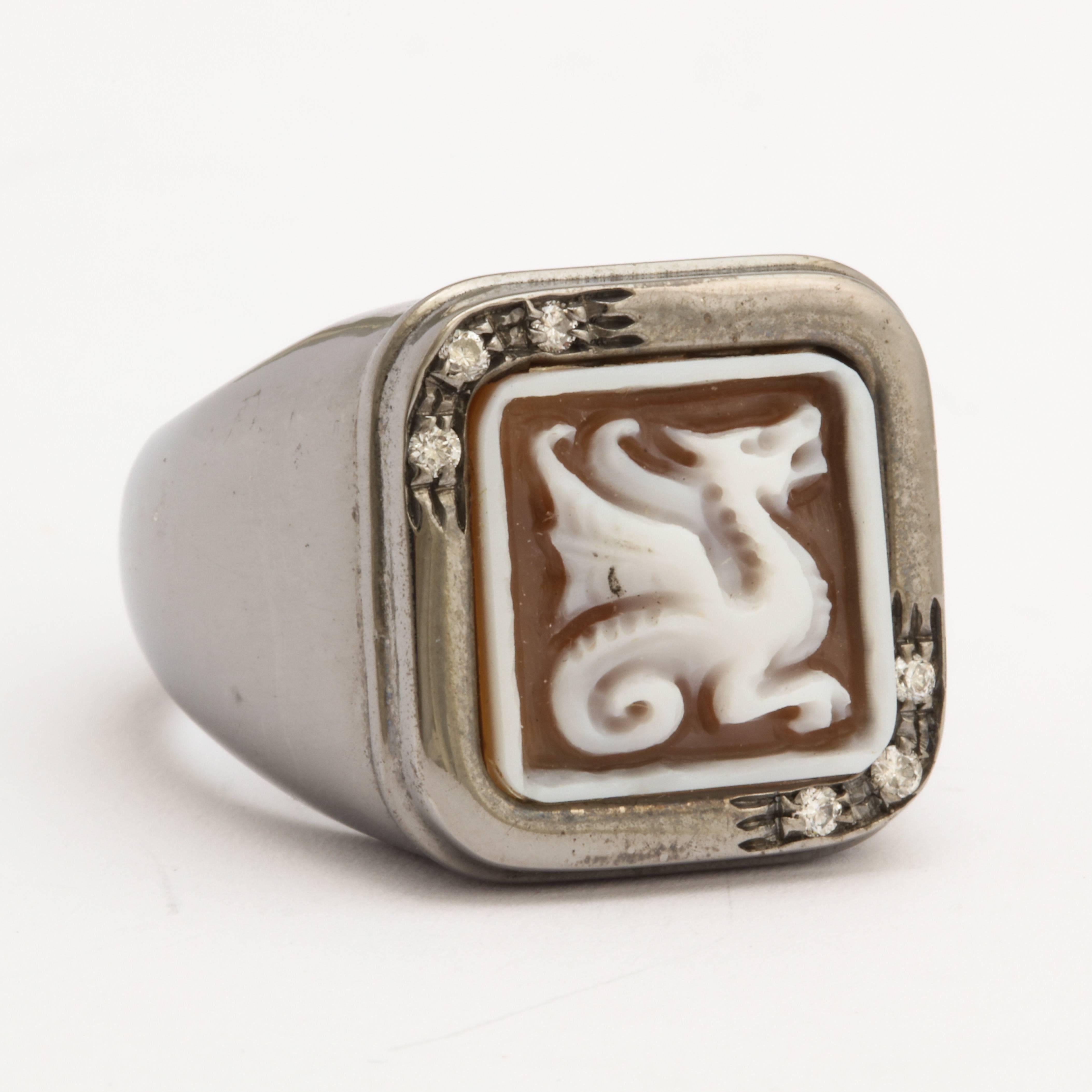 Amedeo Mini Dragon Cameo White Diamonds Ring For Sale 2