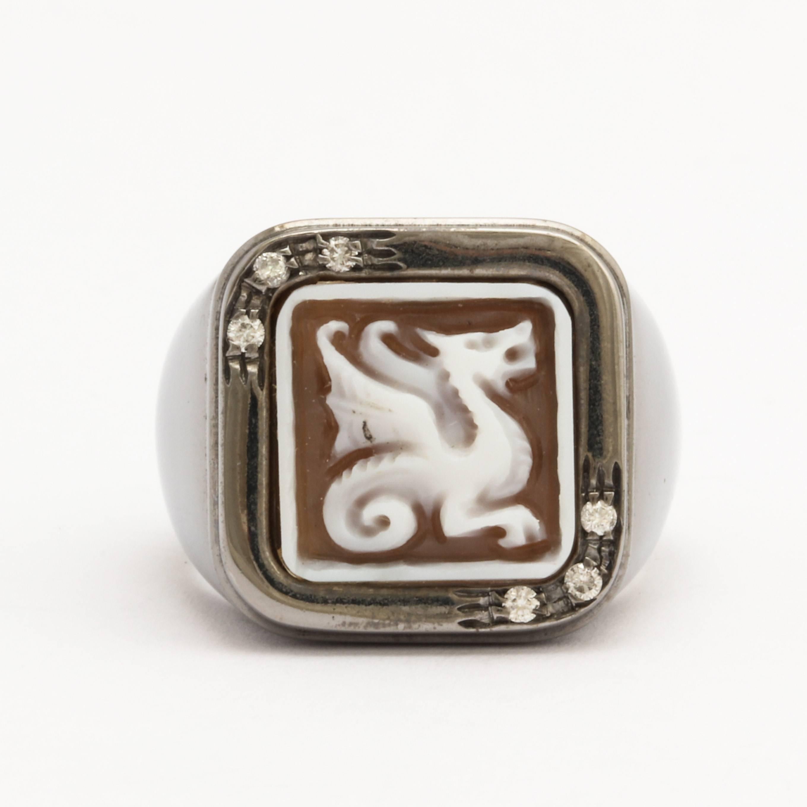 Amedeo Mini Dragon Cameo White Diamonds Ring For Sale 3