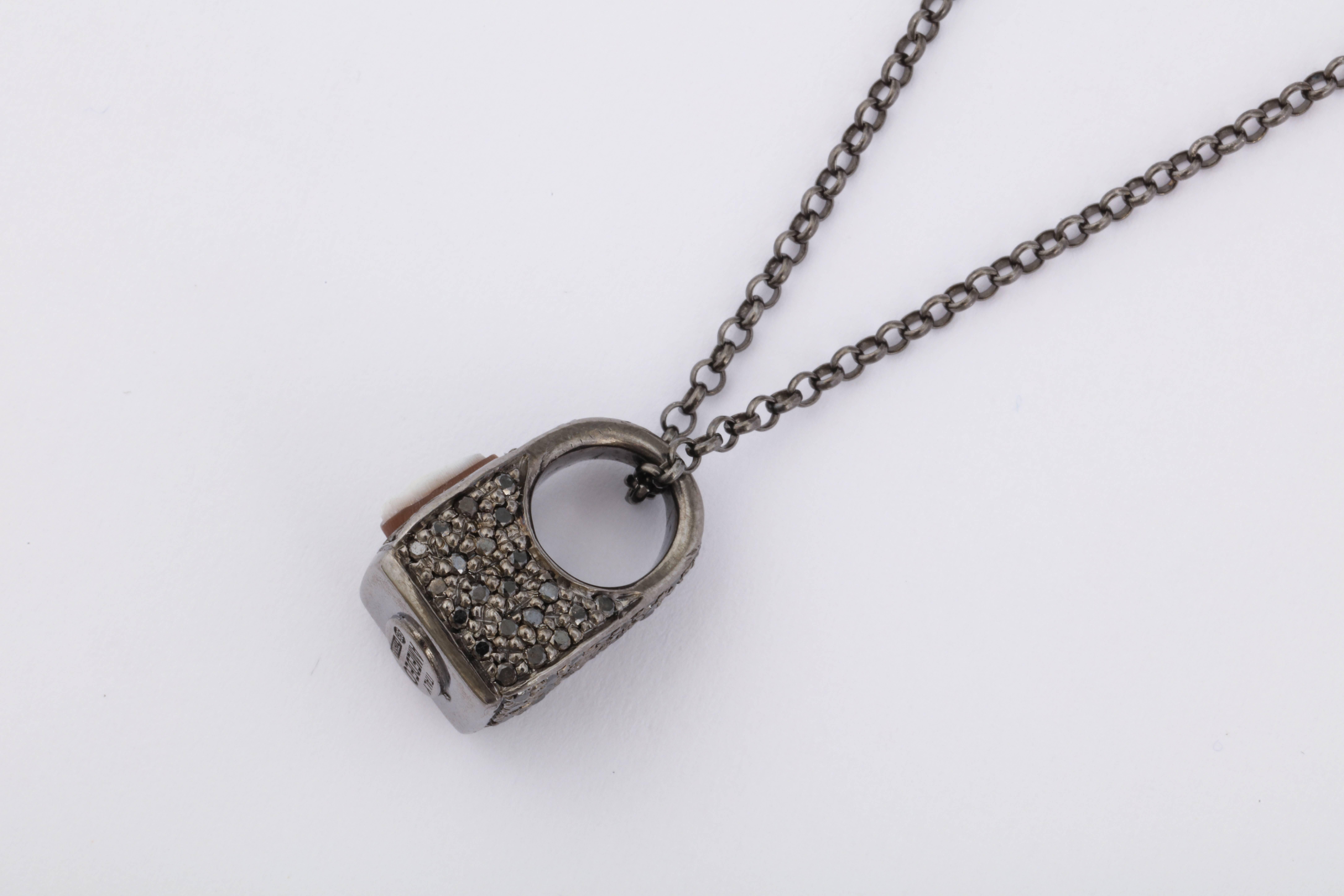 Modern Amedeo Cameo Black Diamonds Miniature Skull Necklace For Sale