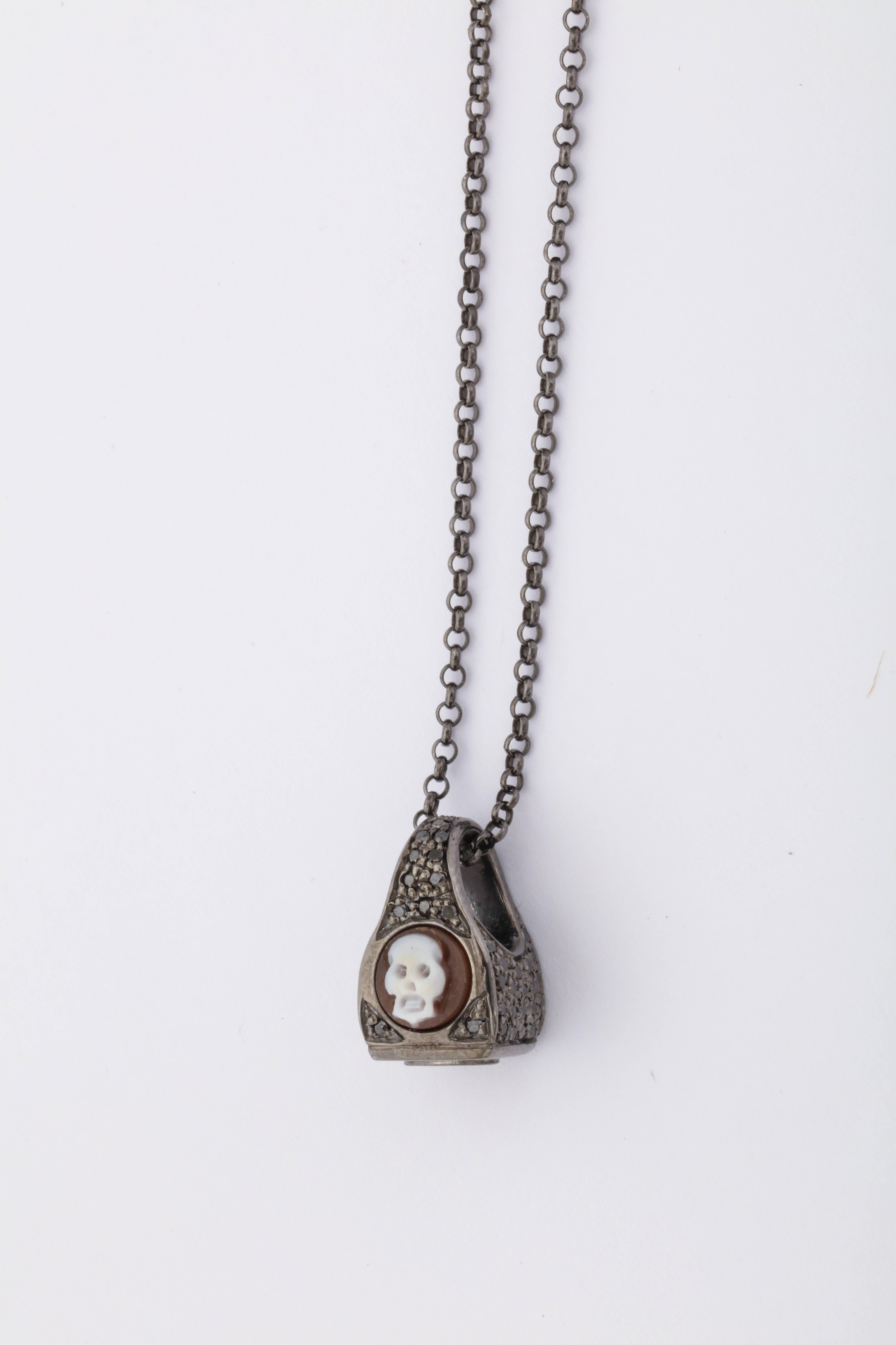 Amedeo Cameo Black Diamonds Miniature Skull Necklace In New Condition For Sale In New York, NY