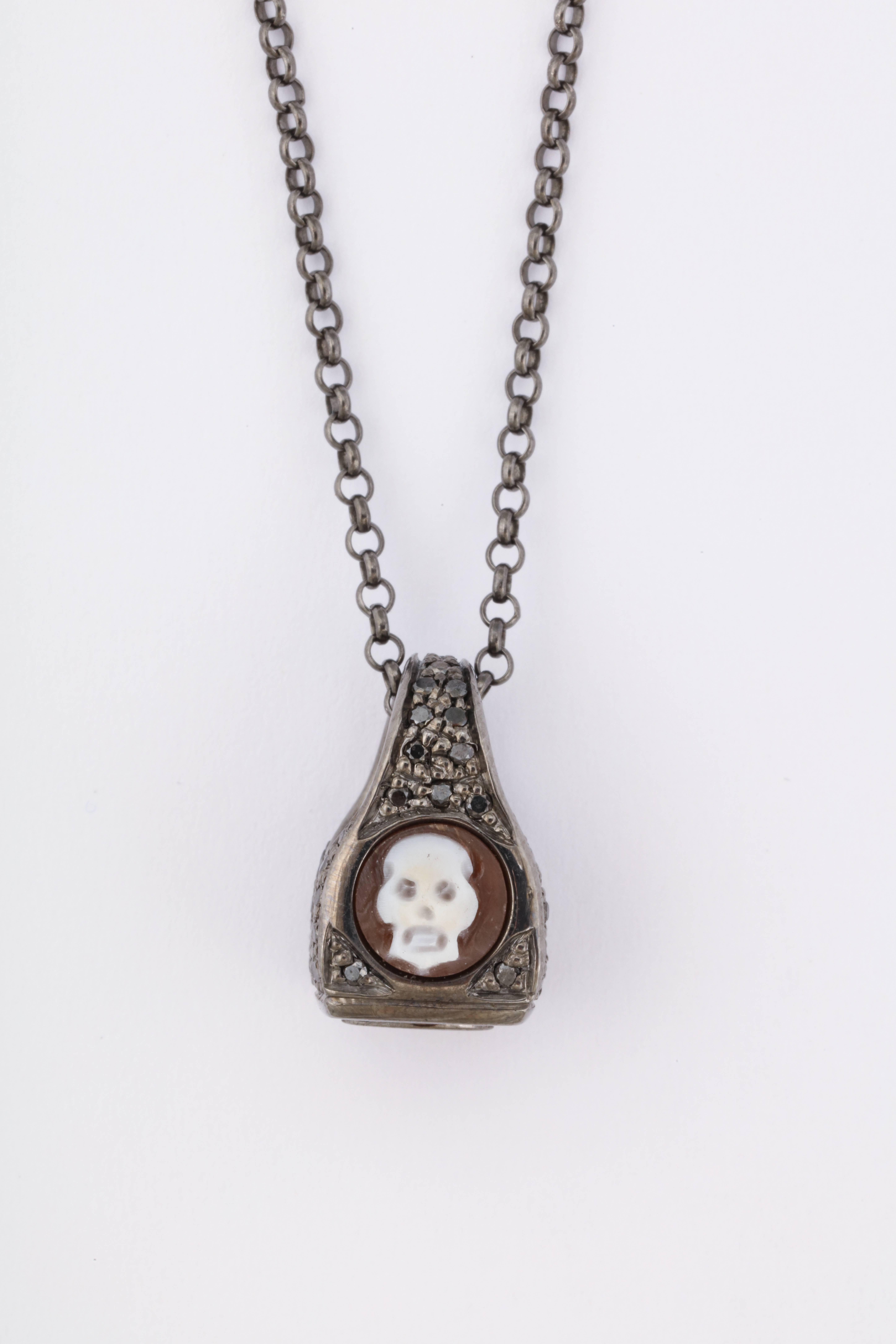 Amedeo Cameo Black Diamonds Miniature Skull Necklace For Sale 2