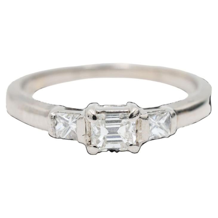 Diamond Trilogy Ring 0.43 Carat Natural Set in 18K White Gold Emerald Cut For Sale