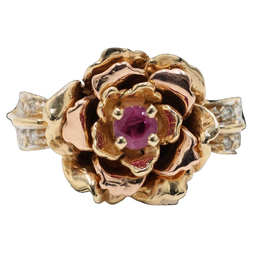 Pink Sapphire & Diamond Flower Ring set in 14K Yellow Gold Cocktail