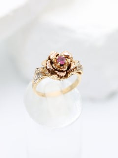 Pink Sapphire & Diamond Flower Ring set in 14K Yellow Gold Cocktail