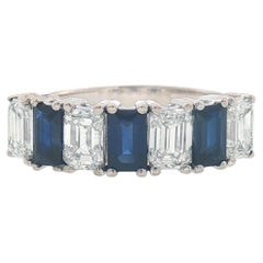 GIA Certified Emerald Cut Sapphire Diamond Band Ring in 18K White Gold