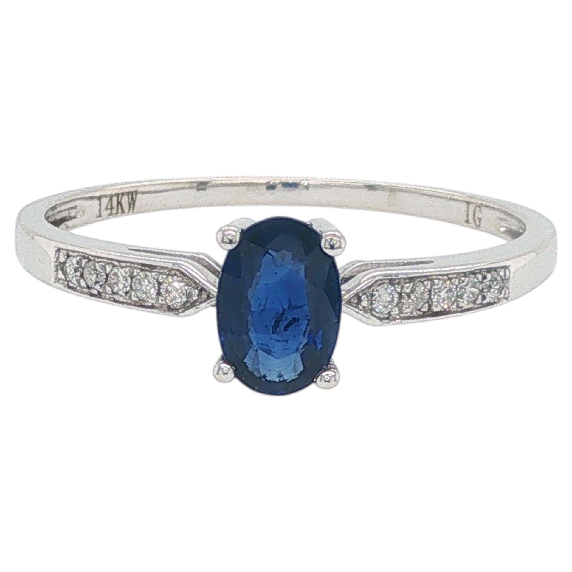 14K White Gold Oval Blue Sapphire Diamond Engagement Ring