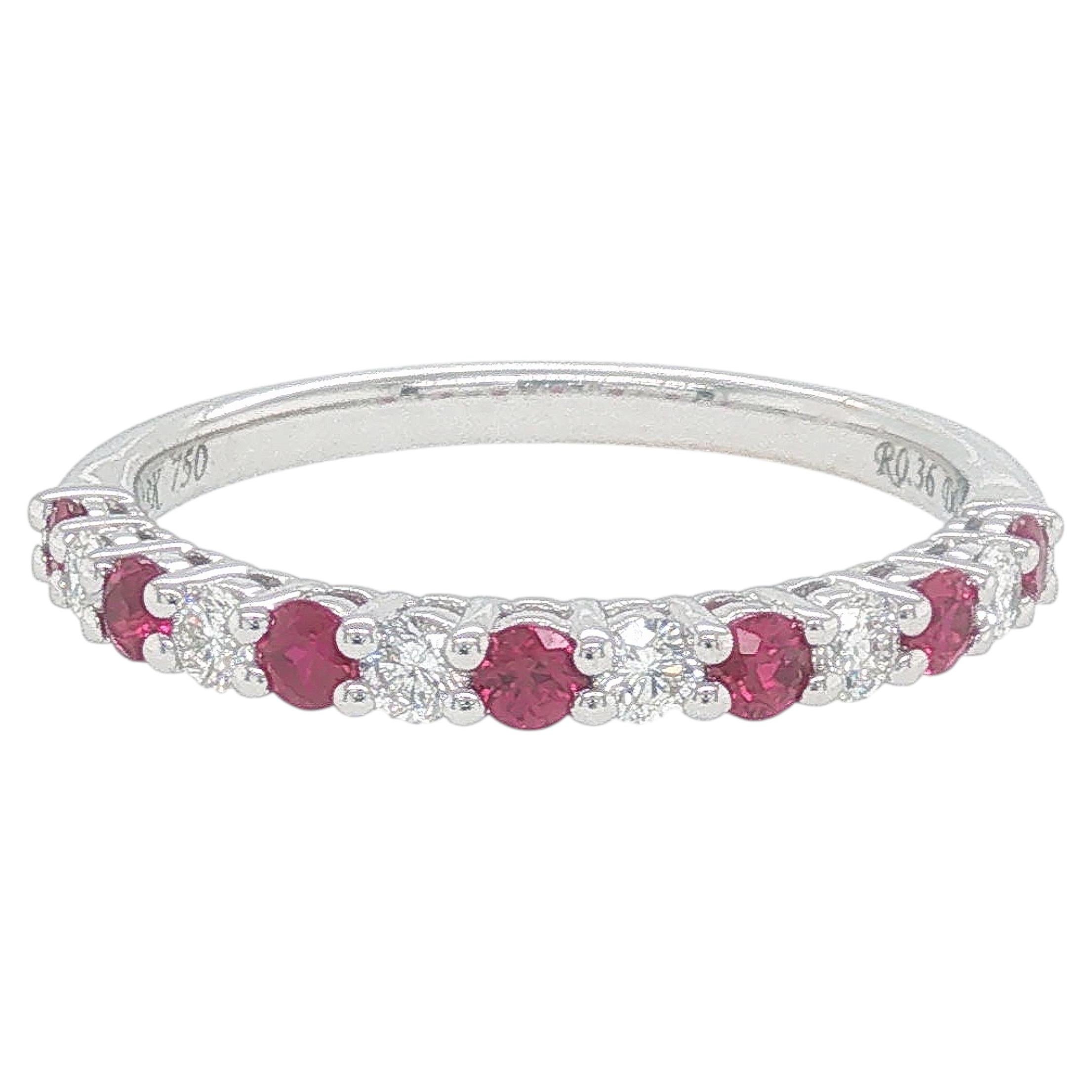 18K White Gold Ruby and Diamond Band Ring, Seven Rubies, 0.89ct Total For Sale