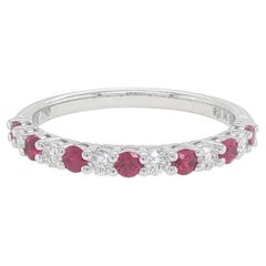 18K White Gold Ruby and Diamond Band Ring, Seven Rubies, 0.89ct Total