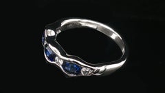 18K White Gold Three Stone Blue Sapphire Diamond Wave Scalloped Band Ring
