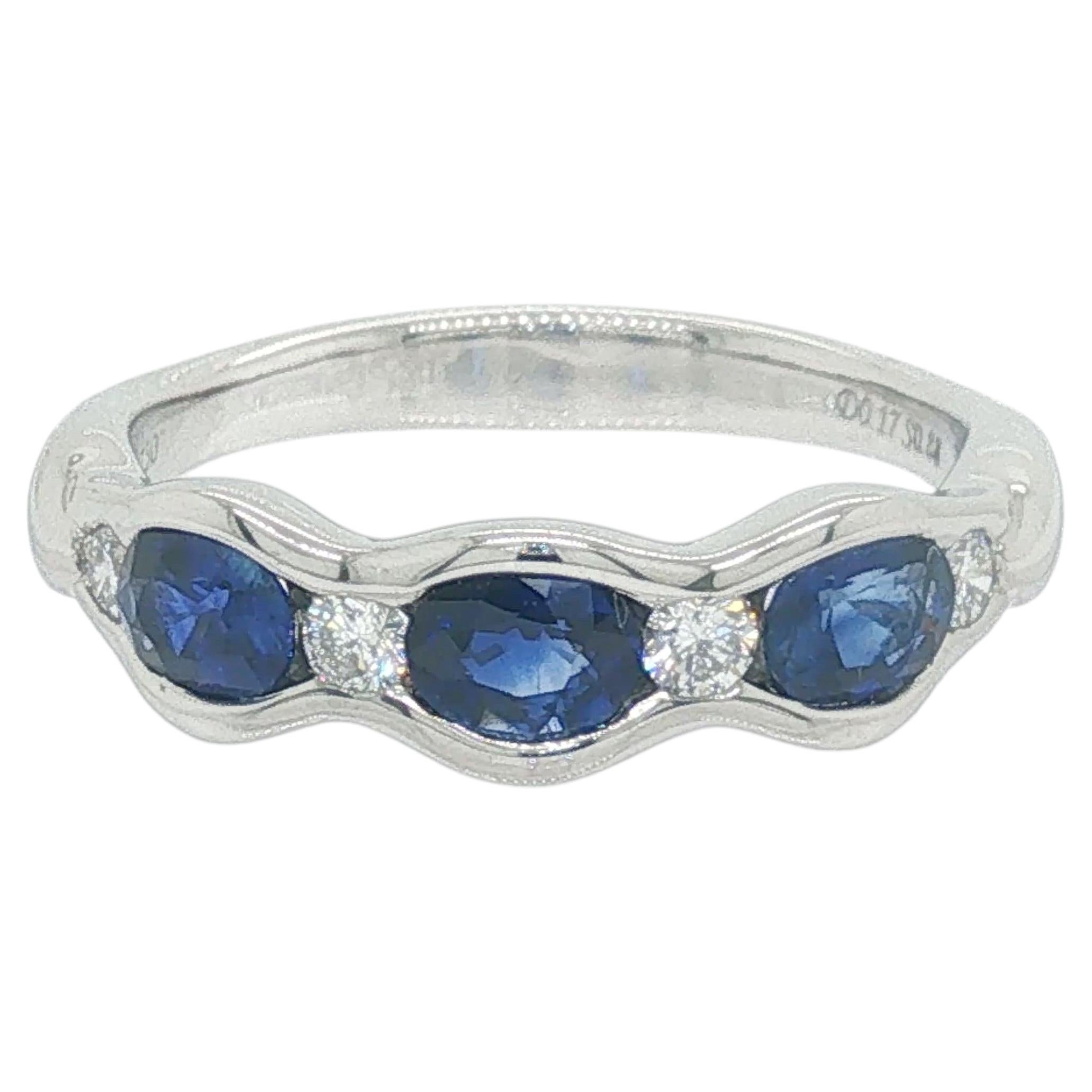 18K White Gold Three Stone Blue Sapphire Diamond Wave Scalloped Band Ring For Sale