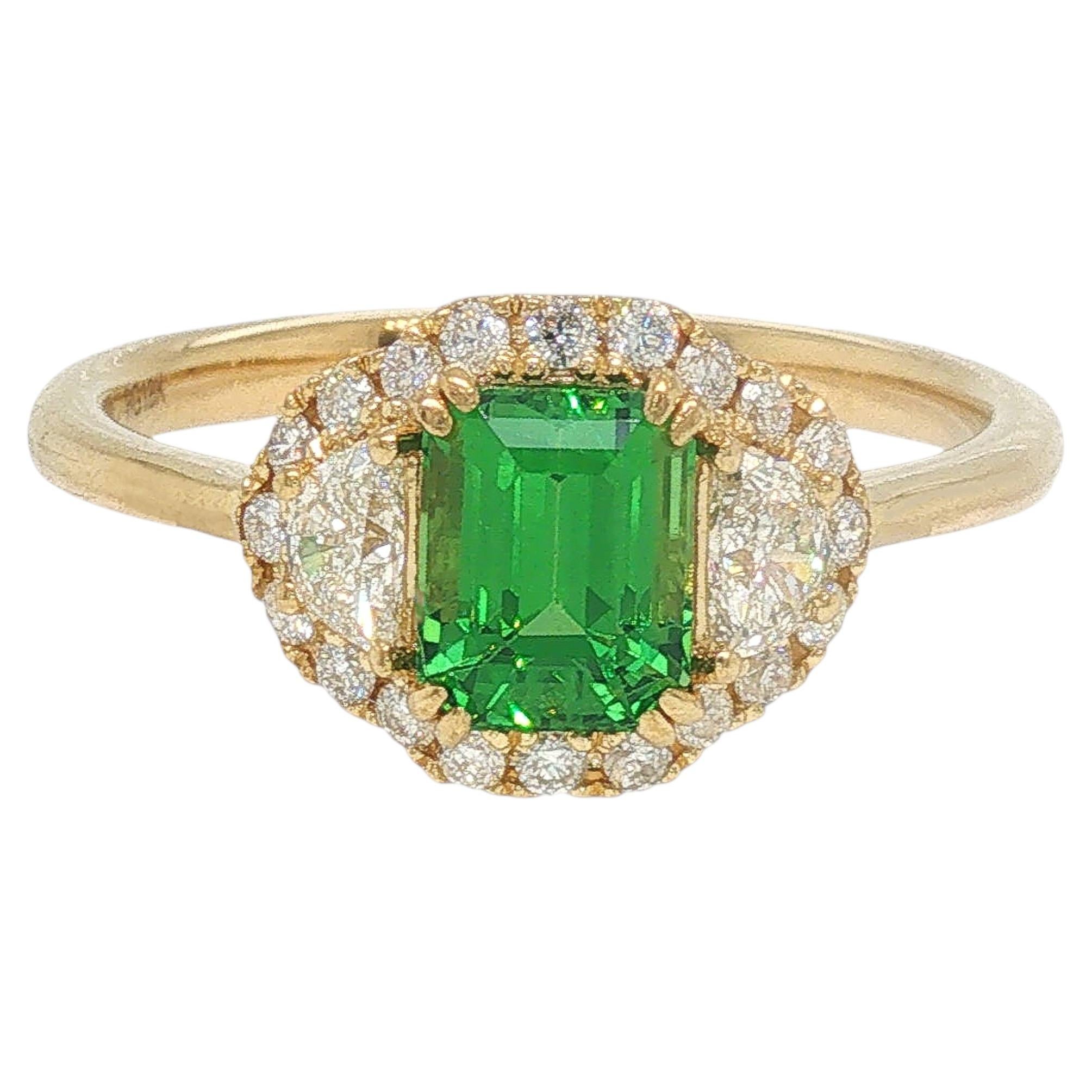 Cocktail Ring - Emerald Diamond Halo with Half-Moon Diamonds in 18K Yellow Gold For Sale