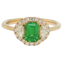 Cocktail Ring - Emerald Diamond Halo with Half-Moon Diamonds in 18K Yellow Gold