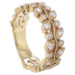 18K Yellow Gold Diamond Leaf Motif Milgrain Eternity Band Ring
