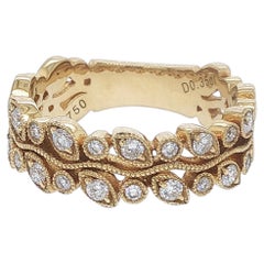 18K Yellow Gold Diamond Leaf Motif Milgrain Eternity Band Ring