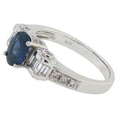 Cocktail Ring - 1.45 Carat Oval Blue Sapphire Baguette Diamond in 18K White Gold