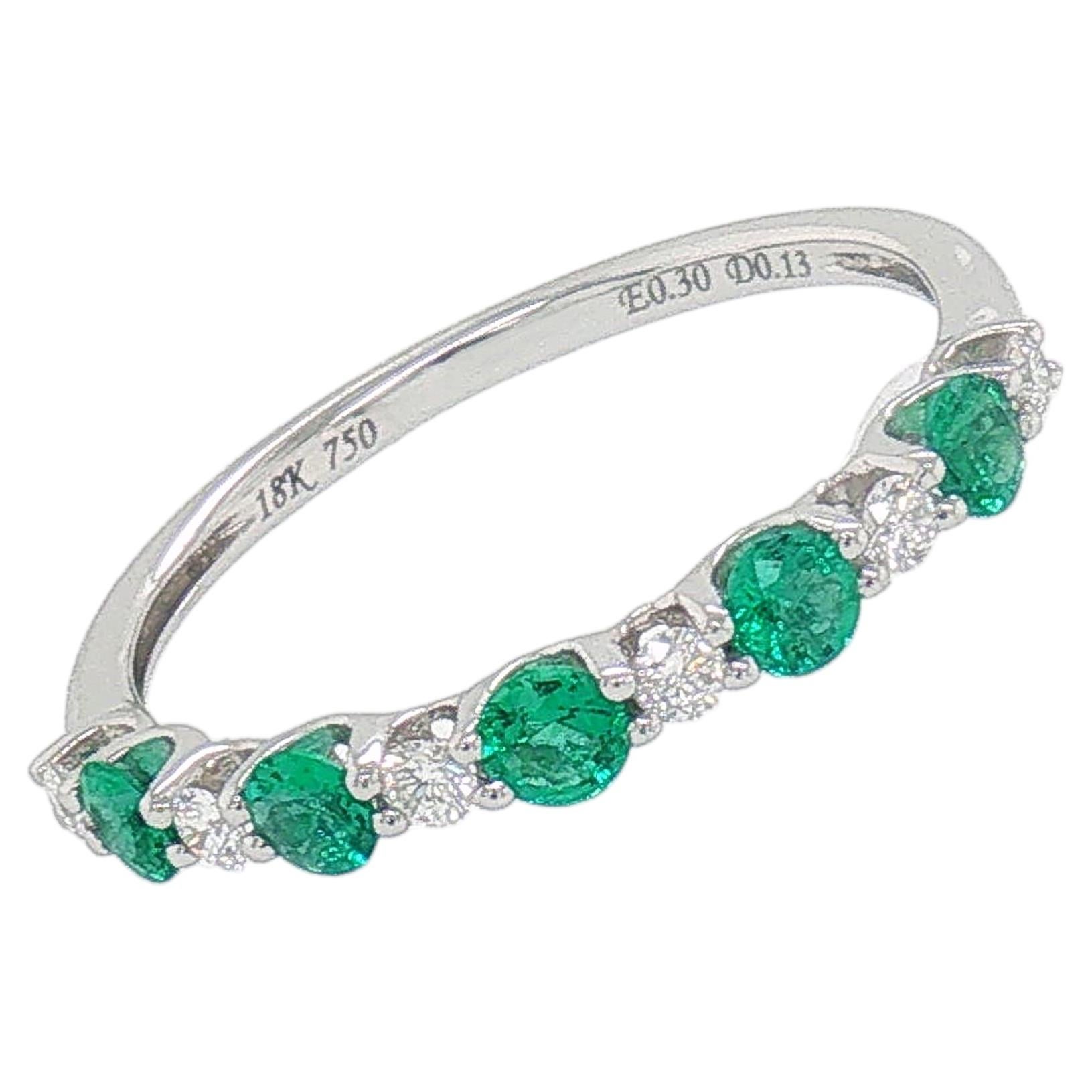 18K White Gold Emerald and Diamond Shared-Prong Stackable Band Ring