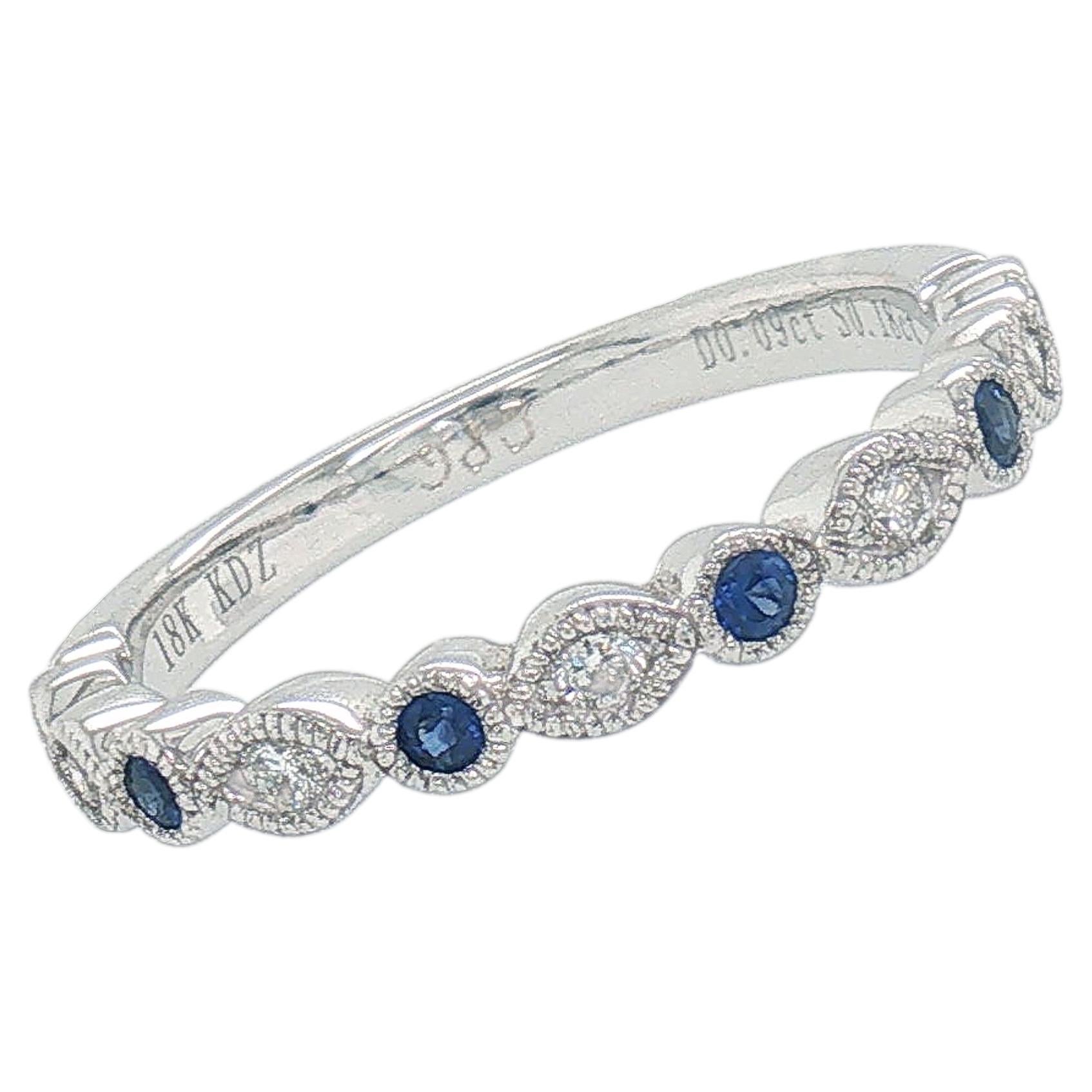 Sapphire and Diamond Milgrain Alternating Stackable Ring in 18K White Gold For Sale