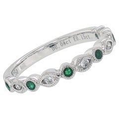 Stackable Ring - Emerald and Diamond Marquise Motif Milgrain in 18K White Gold