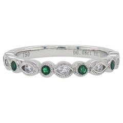 Stackable Ring - Emerald and Diamond Marquise Motif Milgrain in 18K White Gold