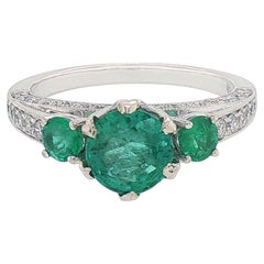 1.30 Carat Emeralds in Three-Stone Diamond Ring in 14K White Gold