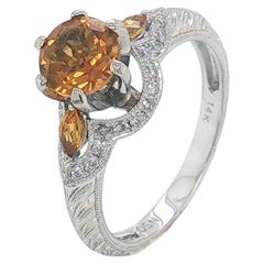 14K White Gold Three-Stone Citrine and Diamond Ring, 0.96 Carat Citrines