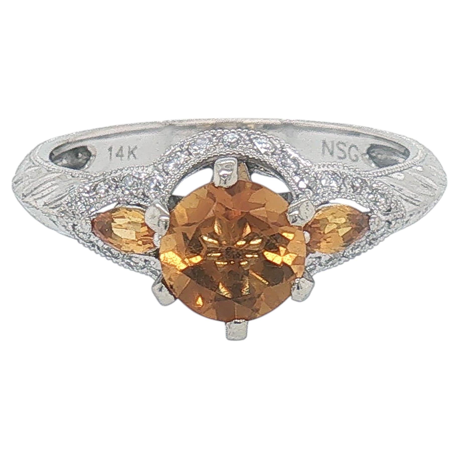 14K White Gold Three-Stone Citrine and Diamond Ring, 0.96 Carat Citrines For Sale