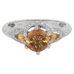 14K White Gold Three-Stone Citrine and Diamond Ring, 0.96 Carat Citrines
