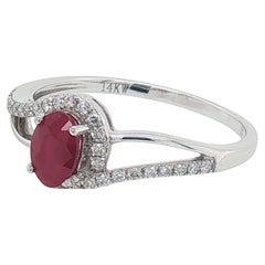 14K White Gold Oval Ruby and Diamond Halo Fashion Ring, 0.71 Carat Ruby