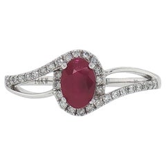 14K White Gold Oval Ruby and Diamond Halo Fashion Ring, 0.71 Carat Ruby