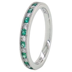 18K White Gold Emerald and Diamond Milgrain Stackable Ring