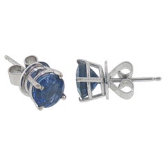 14K White Gold Round Blue Sapphire Stud Earrings, 1.00 Carat