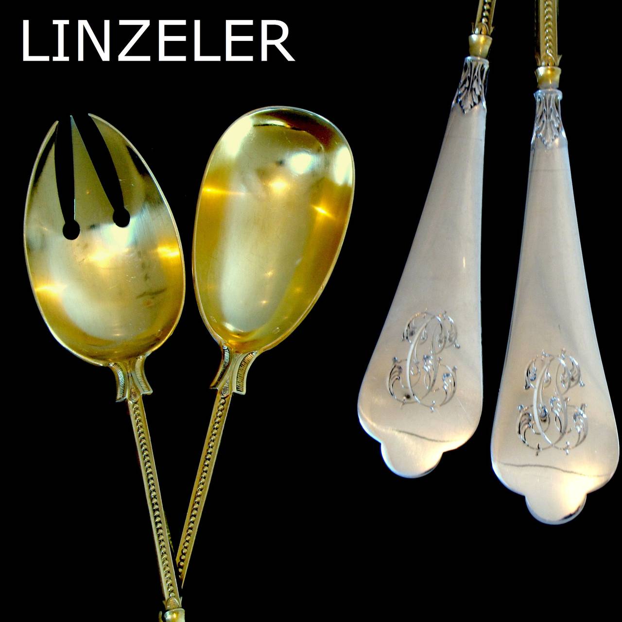 Linzeler Top French All Sterling Silver Vermeil Salad Serving Set 2 pc In Good Condition In Triaize, Pays de Loire