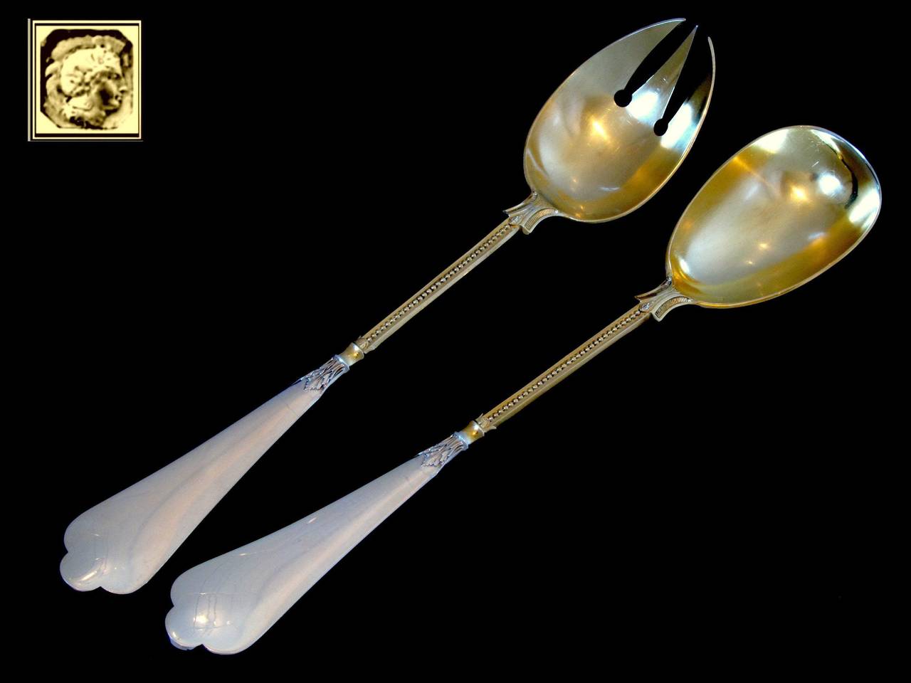 Women's or Men's Linzeler Top French All Sterling Silver Vermeil Salad Serving Set 2 pc