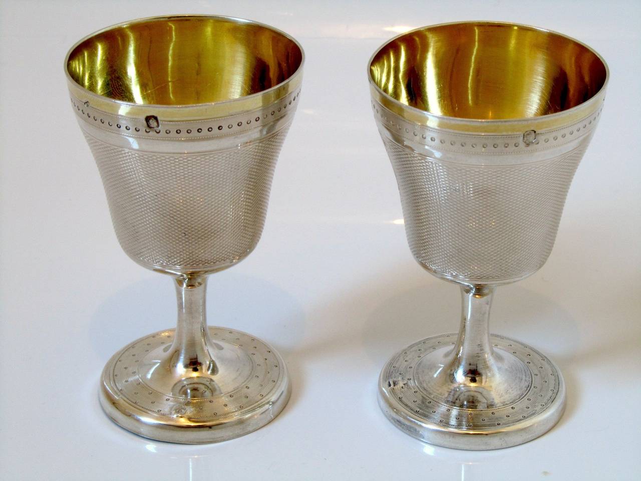 Women's or Men's Puiforcat Rare Pair French Sterling Silver Vermeil Egg Cups Guilloche
