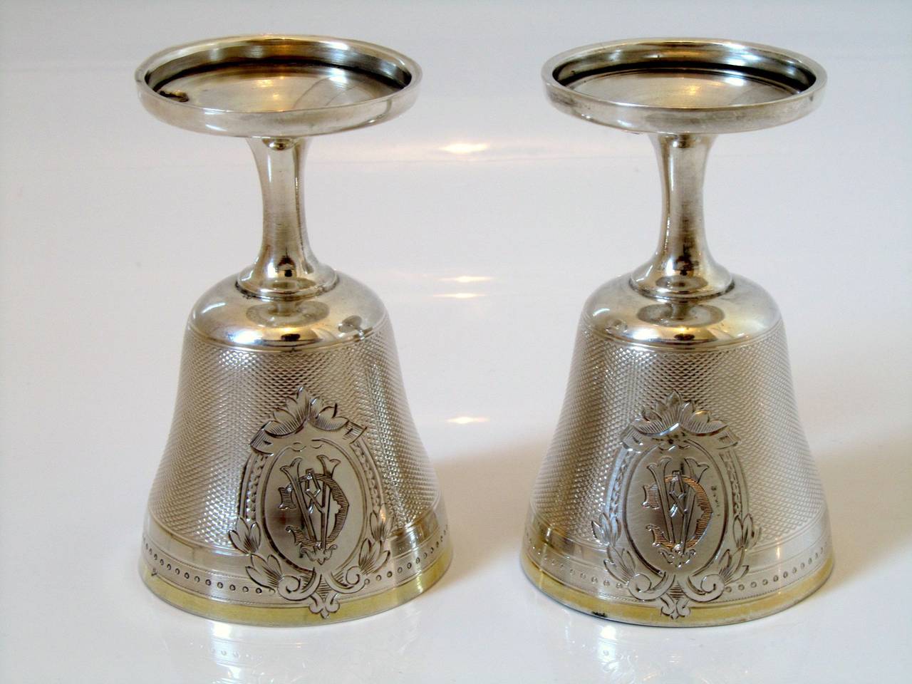 Napoleon III Puiforcat Rare Pair French Sterling Silver Vermeil Egg Cups Guilloche