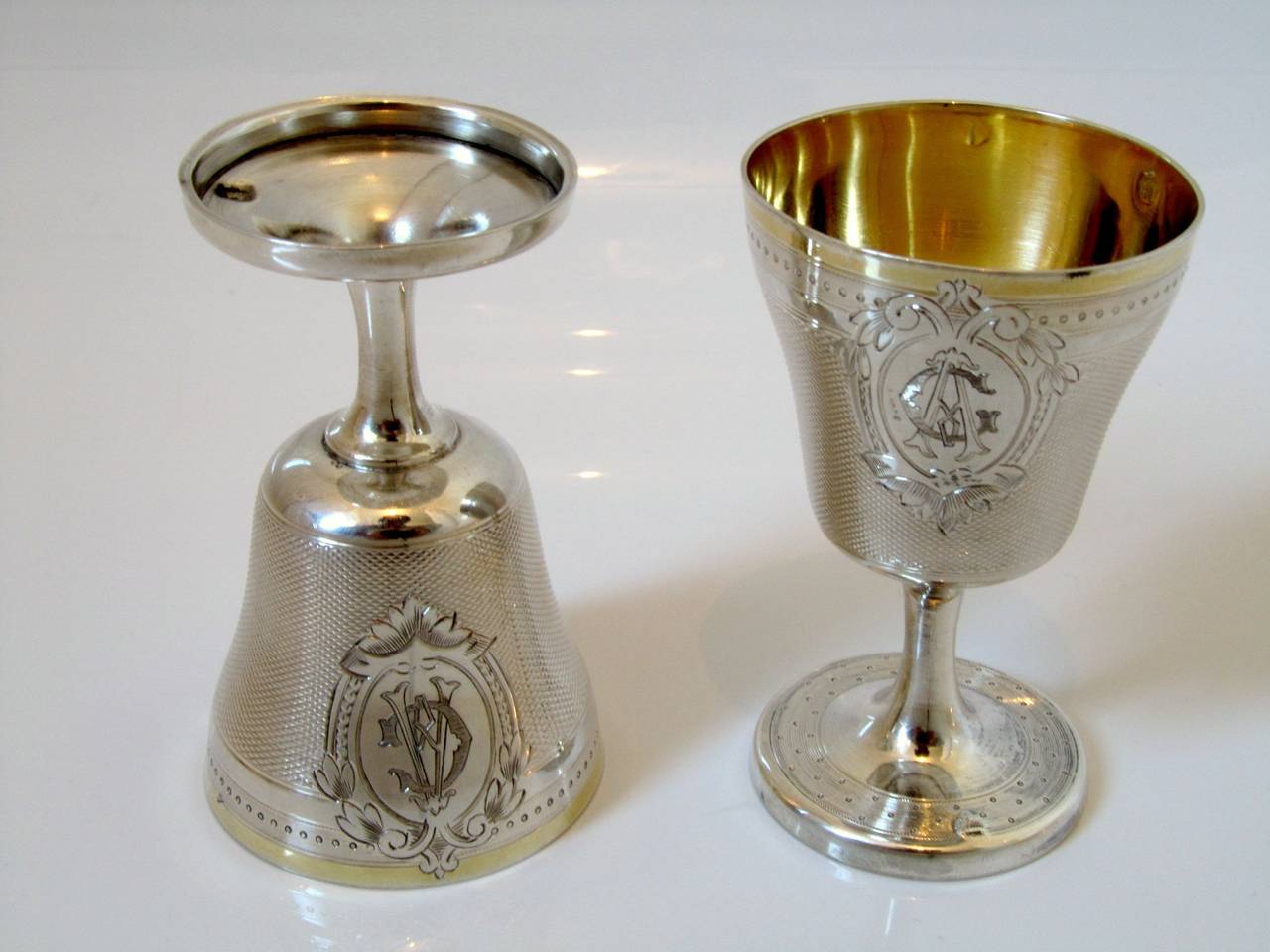 Puiforcat Rare Pair French Sterling Silver Vermeil Egg Cups Guilloche 2