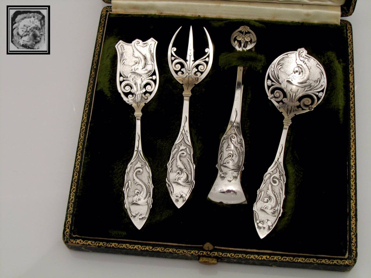 Renaissance Odiot Rare French Dolphin All Sterling Silver Dessert Set 4 pc with Original Box